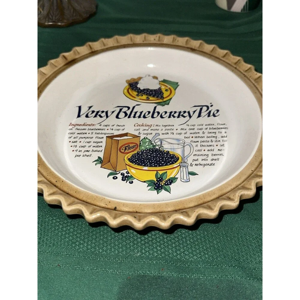 Vtg Very Blueberry Pie Ceramic Recipe Plate Scalloped Fluted Brown Rim Japan 10